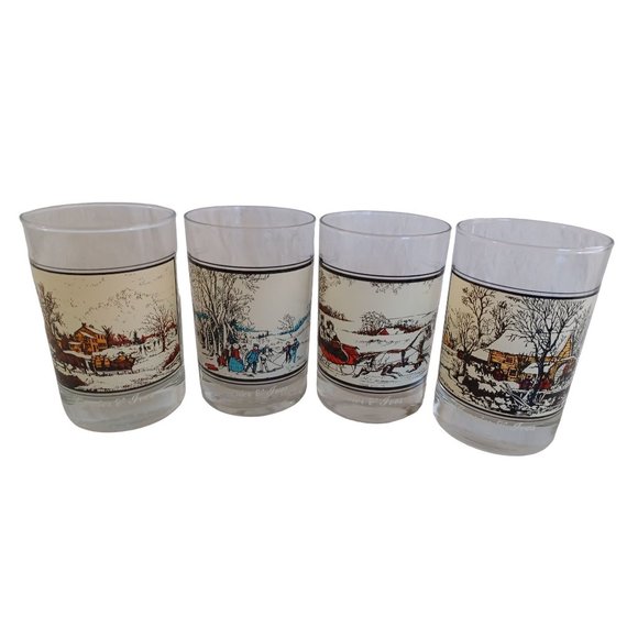 1980's Set of 4 Currier & Ives Winter Scenes Bar Glasses Heavy Bottoms 4.75"x 3" - Picture 1 of 9